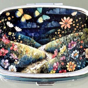 Enchanted Flower Meadow Butterflies Rectangular Purse Travel Vitamin Pill Box